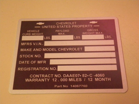 Typenschild Blanko Chevy Blazer / Pickup CUCV