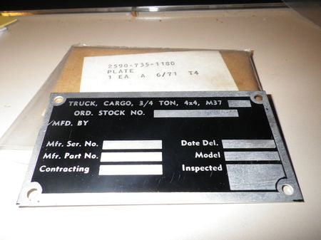 Dataplate Dodge M37 / G741  3/4 ton Truck US ARMY