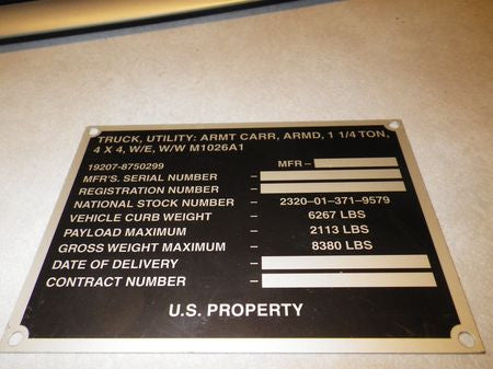 Typenschild Seriennummer HMMWV M1026A1 , US ARMY