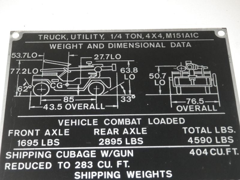 Typenschild Masse und Gewichte M151A1C