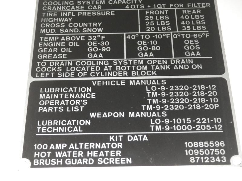 Typenschild Masse und Gewichte M151A1C