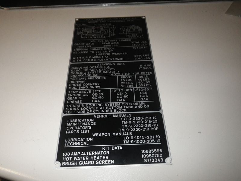 Typenschild Masse und Gewichte M151A1C