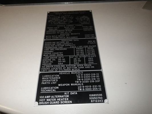 Typenschild Masse und Gewichte M151A1C