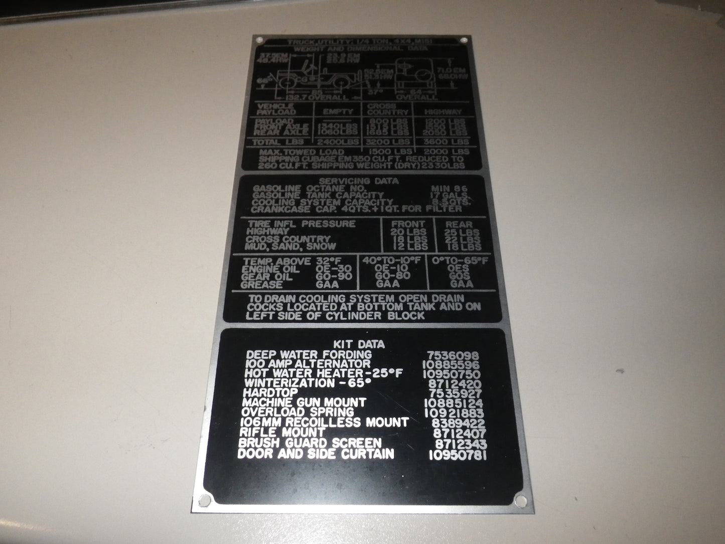 Typenschild Masse und Gewichte M151 FORD MUTT