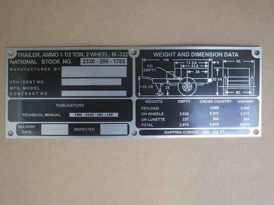 Dataplate Ammo Trailer M332 US ARMY