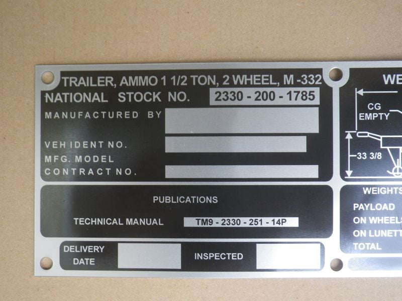Dataplate Ammo Trailer M332 US ARMY