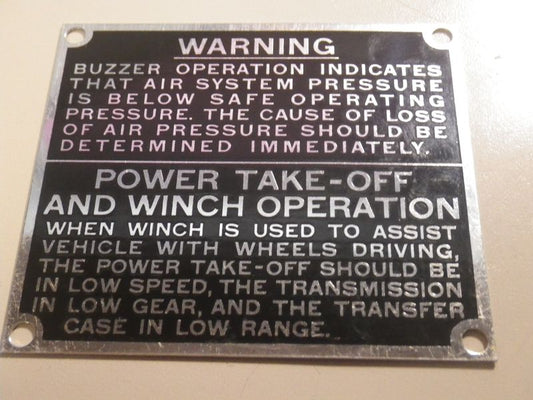 Hinweisschild Luftdruck Bremse und PTO Winde M35 Truck