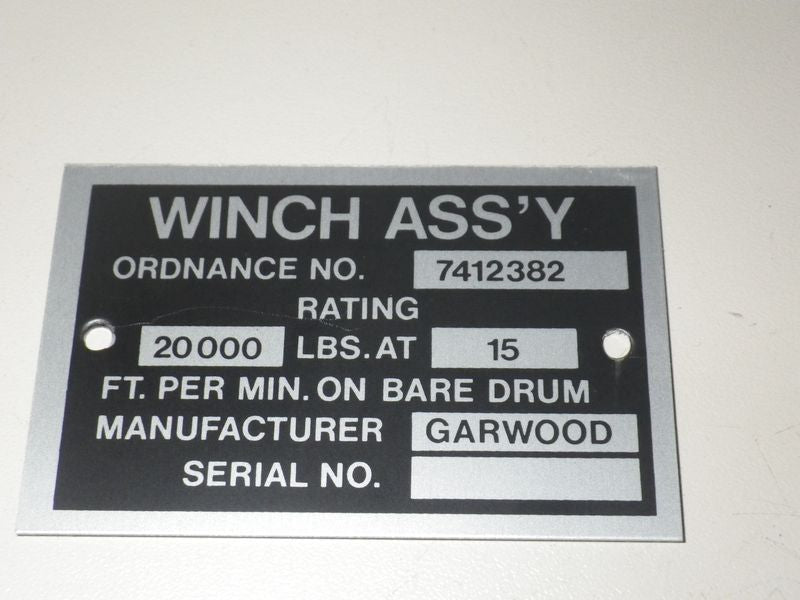 Typenschild Seilwinde 20.000 lbs, 5ton Trucks, US ARMY