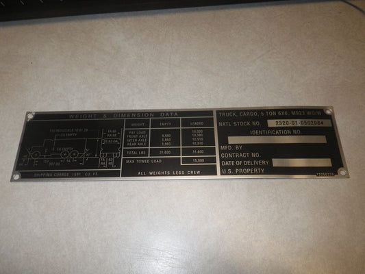 Typenschild Blanko M923 Wo/W Cargo Truck 5ton