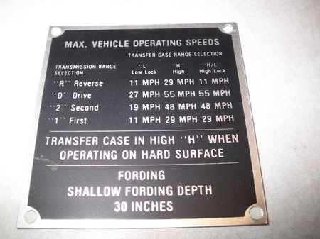 Schild "Geschwindigkeiten"   HMMWV 3-Gang