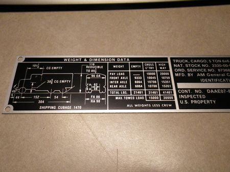Typenschild M813 Truck Cargo 5ton, US ARMY