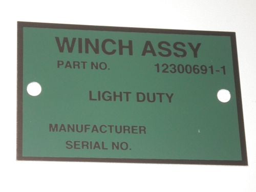 Typenschild Seilwinde "Light Duty"  US ARMY