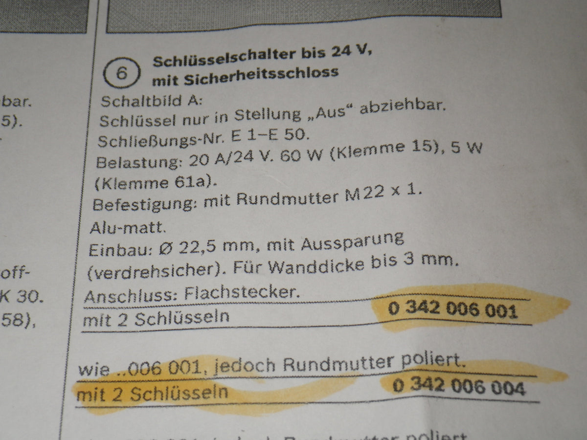 BOSCH Zündschalter / Zündschloss 0342006004, mit 2 Schlüsseln, 24 Volt/20 Ampere
