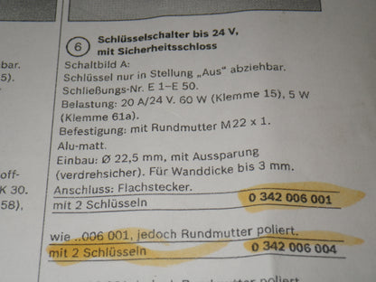 BOSCH Zündschalter / Zündschloss 0342006004, mit 2 Schlüsseln, 24 Volt/20 Ampere