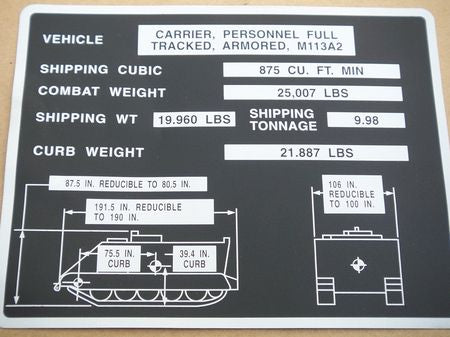 Aufkleber Masse und Gewicht, M113A2