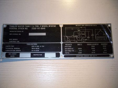 Dataplate M107 A2 Water Trailer