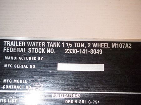 Dataplate M107 A2 Water Trailer