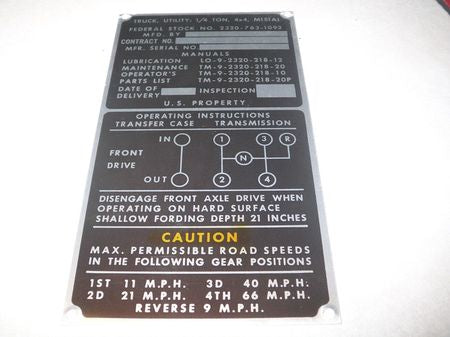 Typenschild / Dataplate M151A1, Vietnam Period