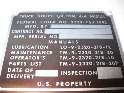 Typenschild / Dataplate M151A1, Vietnam Period