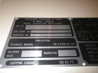 Typenschild M416 1/4ton Trailer, US ARMY