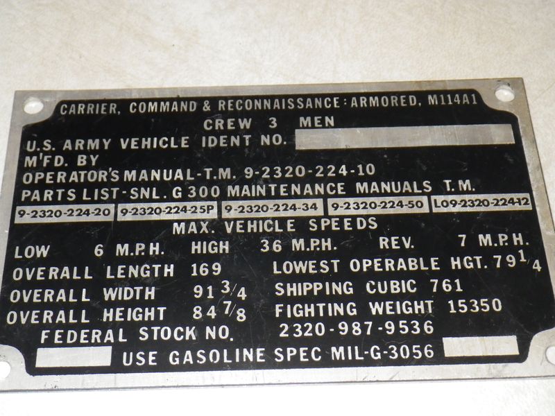 Dataplate Carrier Reconnaissance Armored M114A1