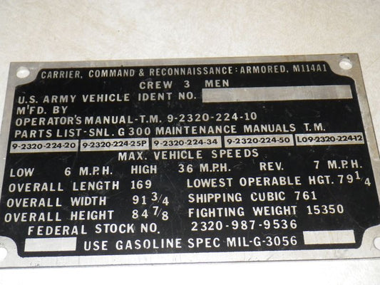 Dataplate Carrier Reconnaissance Armored M114A1