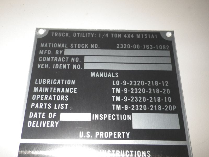 Typenschild / Dataplate M151A1, nach 1974