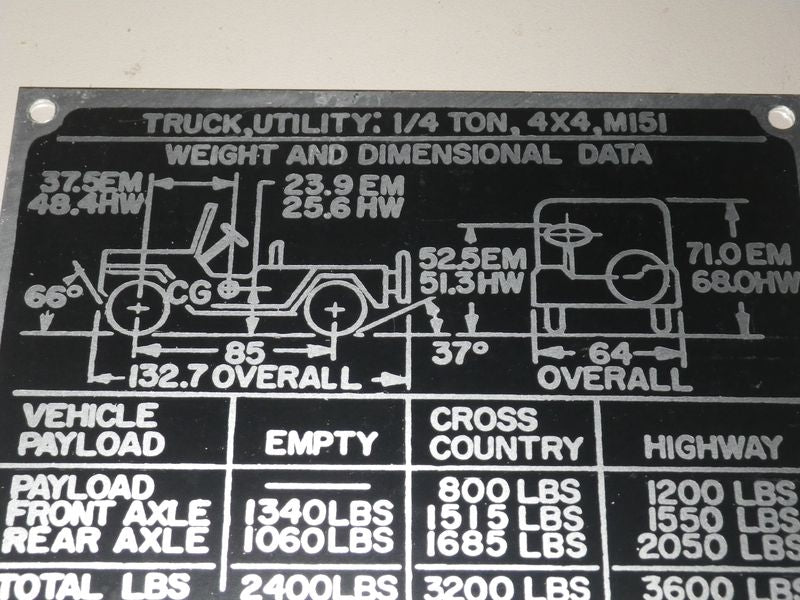 Typenschild Masse und Gewichte M151 FORD MUTT