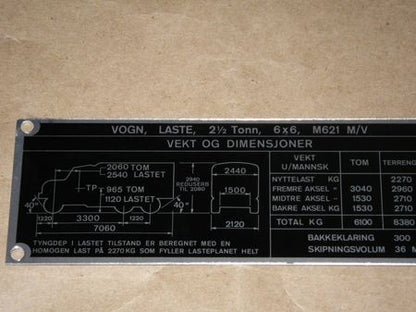 Dataplate M621 M/V  REO 2,5 ton