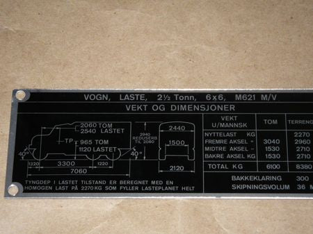 Dataplate M621 M/V  REO 2,5 ton