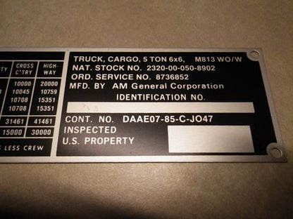 Typenschild M813 Truck Cargo 5ton, US ARMY