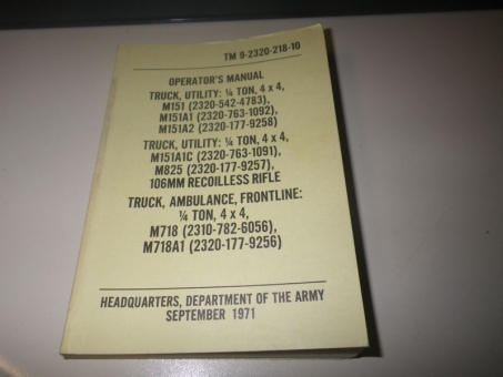 Operators Manual M151 Ford MUTT,  Taschenbuch US ARMY 