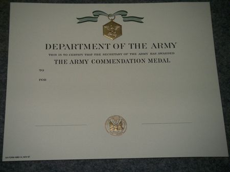 Urkunde Army Commendation Medal 